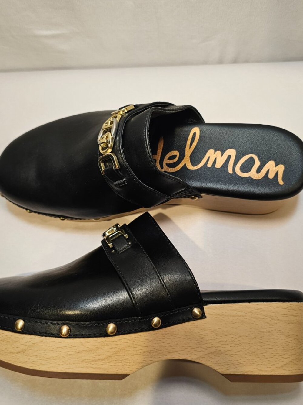 Sam Edelman Clog Black Leather Platform Wooden Mule Studded Gold Chain Size 10